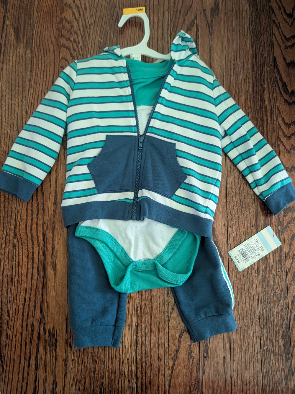 Cat And Jack Baby Striped Teal & Navy Baby Hoodie Set, Bear, 12m NWT